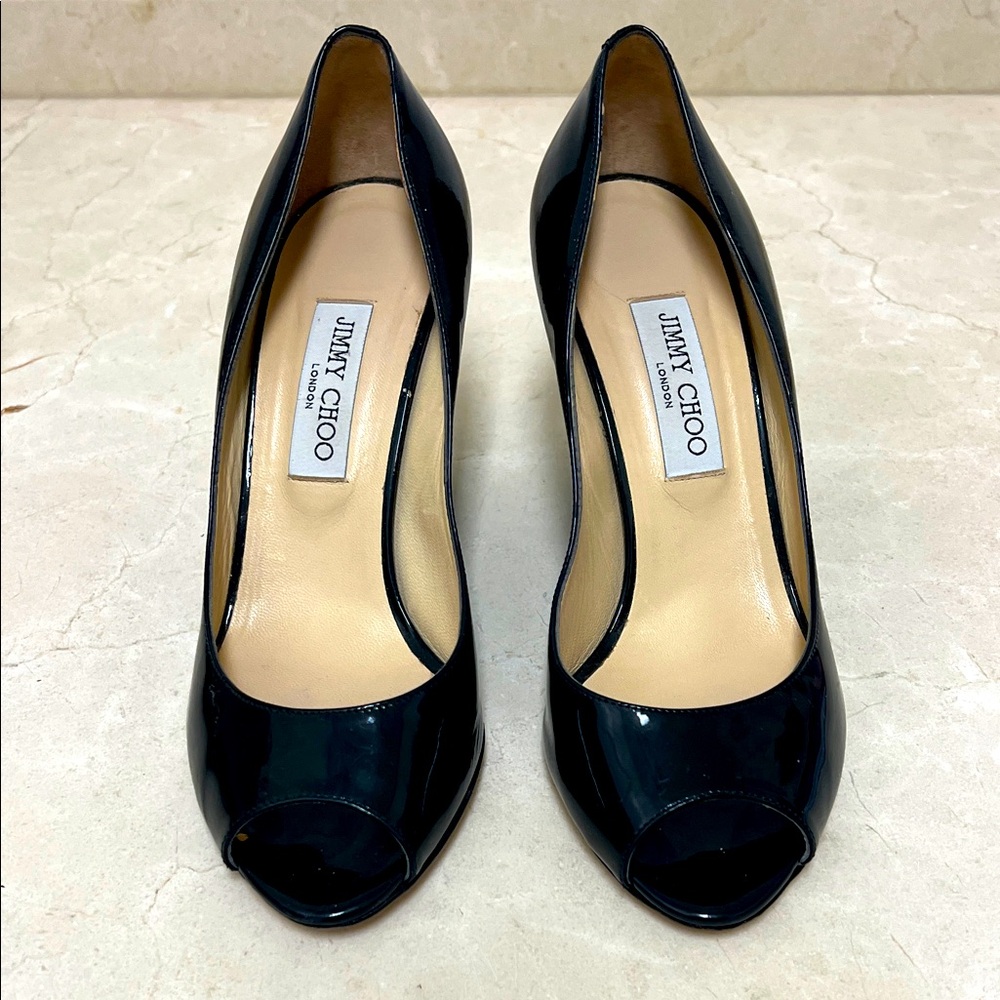 Jimmy Choo patent leather open toe wedge.  3 1/2 heel.  Black upper, navy heel.